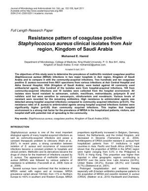 Resistance Pattern of Coagulase Positive Staphylococcus Aureus Clinical Isolates from Asir Region, Kingdom of Saudi Arabia