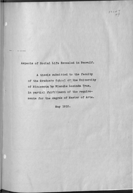 Aspects of Social Life Revealed in Beowulf. a Thesis Submitted to the Faculty Ments for T of Arte