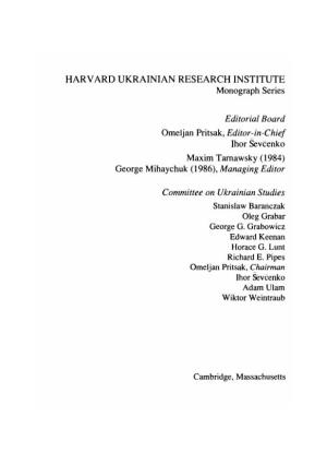 HARVARD UKRAINIAN RESEARCH INSTITUTE Monograph Series