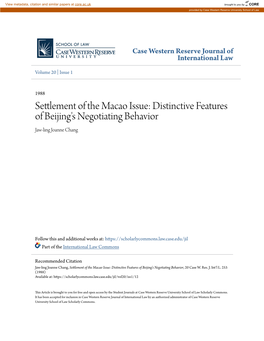 Settlement of the Macao Issue: Distinctive Features of Beijing's Negotiating Behavior Jaw-Ling Joanne Chang