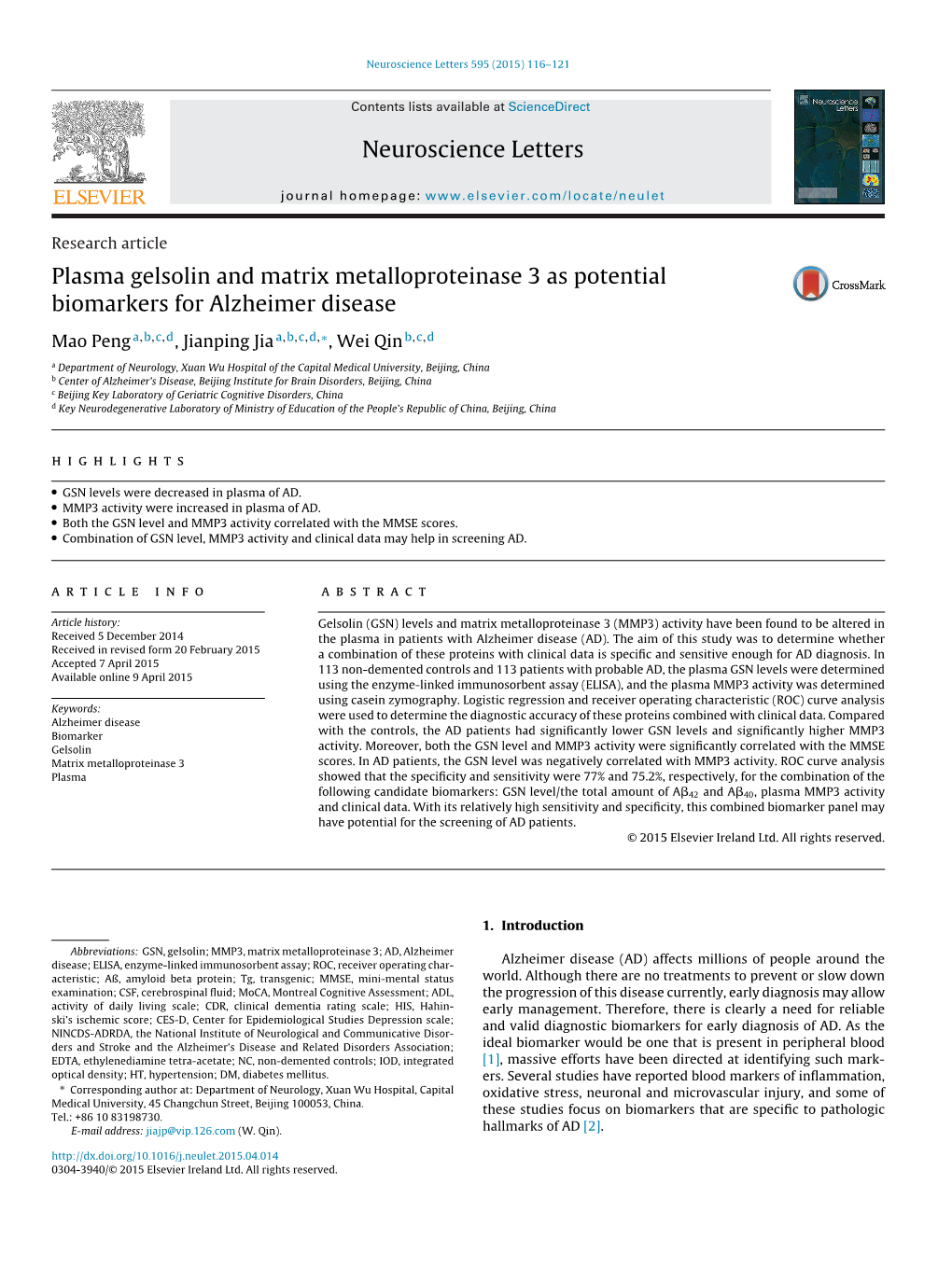 Plasma Gelsolin and Matrix Metalloproteinase 3 As Potential Biomarkers for Alzheimer Disease