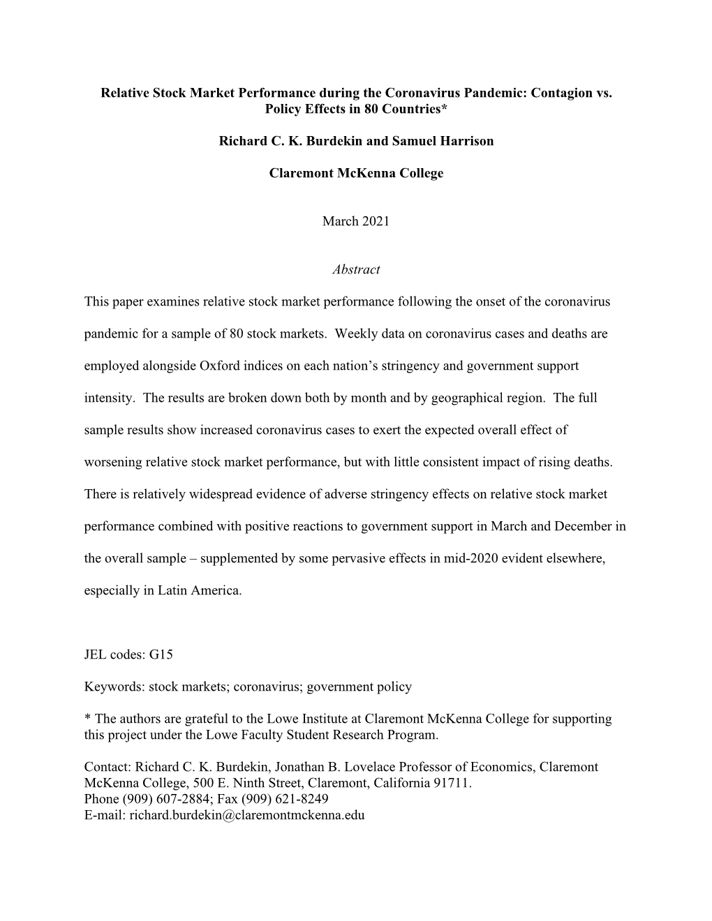 Relative Stock Market Performance During the Coronavirus Pandemic: Contagion Vs