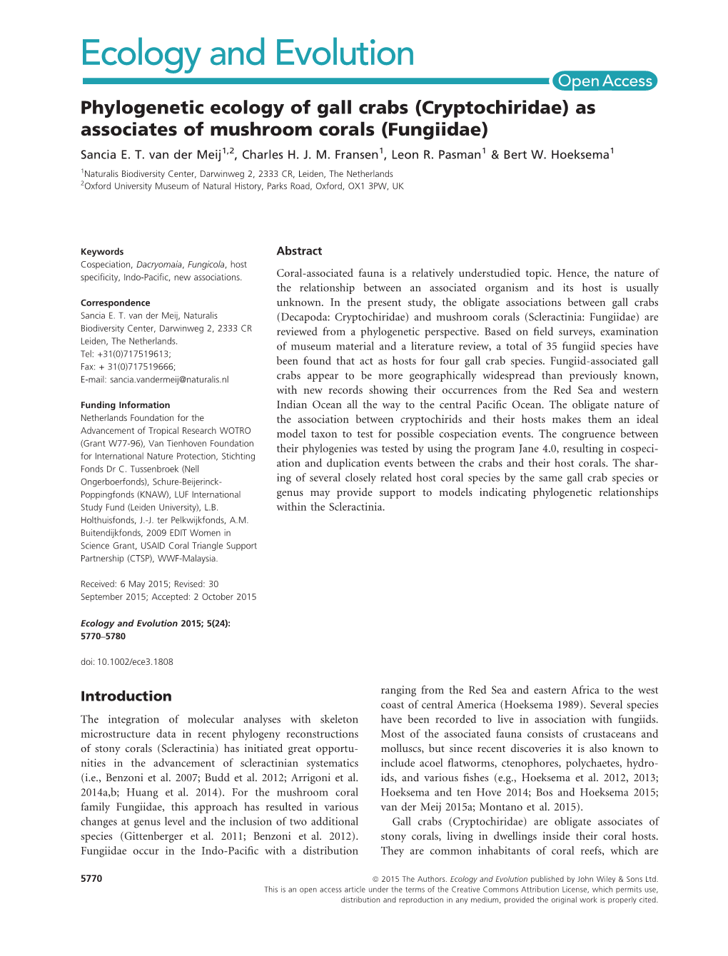 Phylogenetic Ecology of Gall Crabs (Cryptochiridae) As Associates of Mushroom Corals (Fungiidae) Sancia E