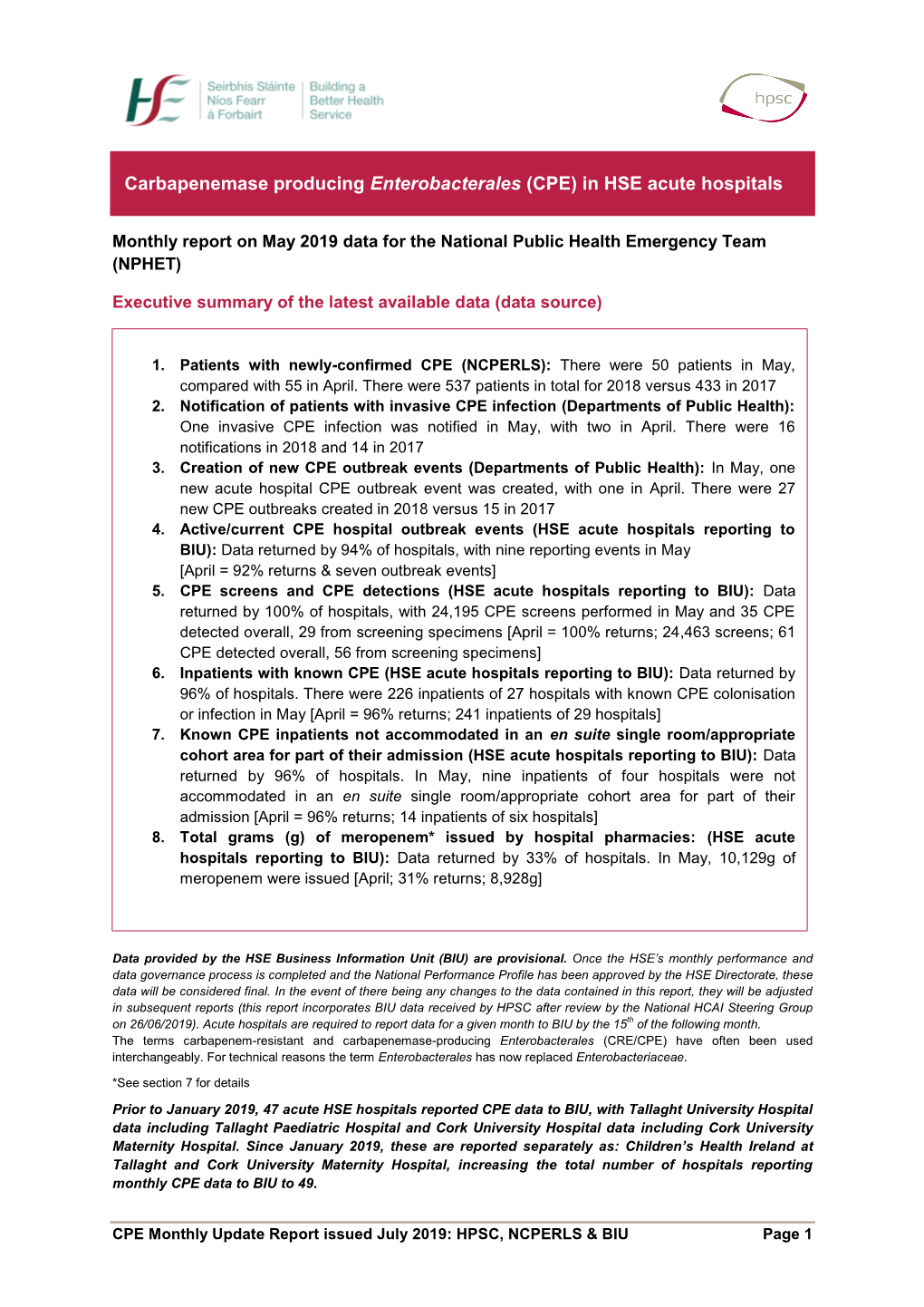 Carbapenemase Producing Enterobacterales (cpe) In Hse Acute Hospitals 