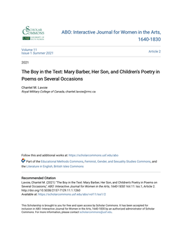 Mary Barber, Her Son, and Children's Poetry in Poems on Several Occasions