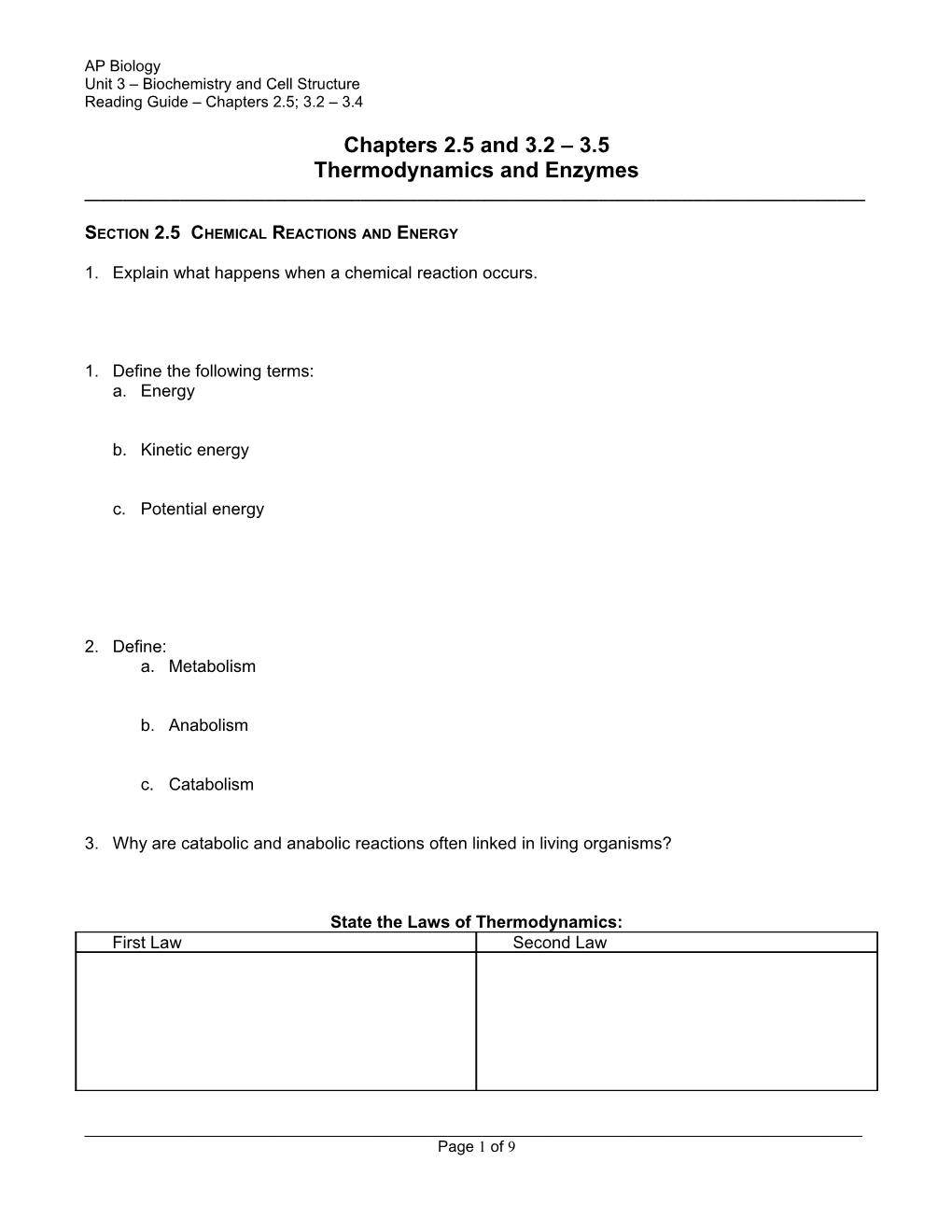 Section 2.5 Chemical Reactions and Energy