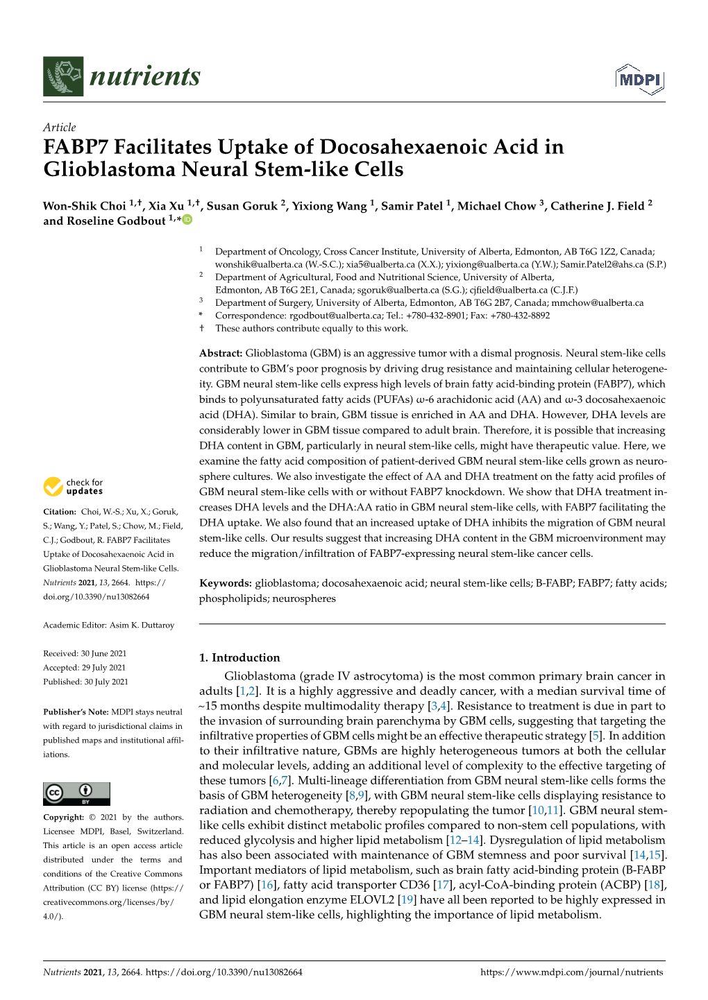 FABP7 Facilitates Uptake of Docosahexaenoic Acid in Glioblastoma Neural Stem-Like Cells