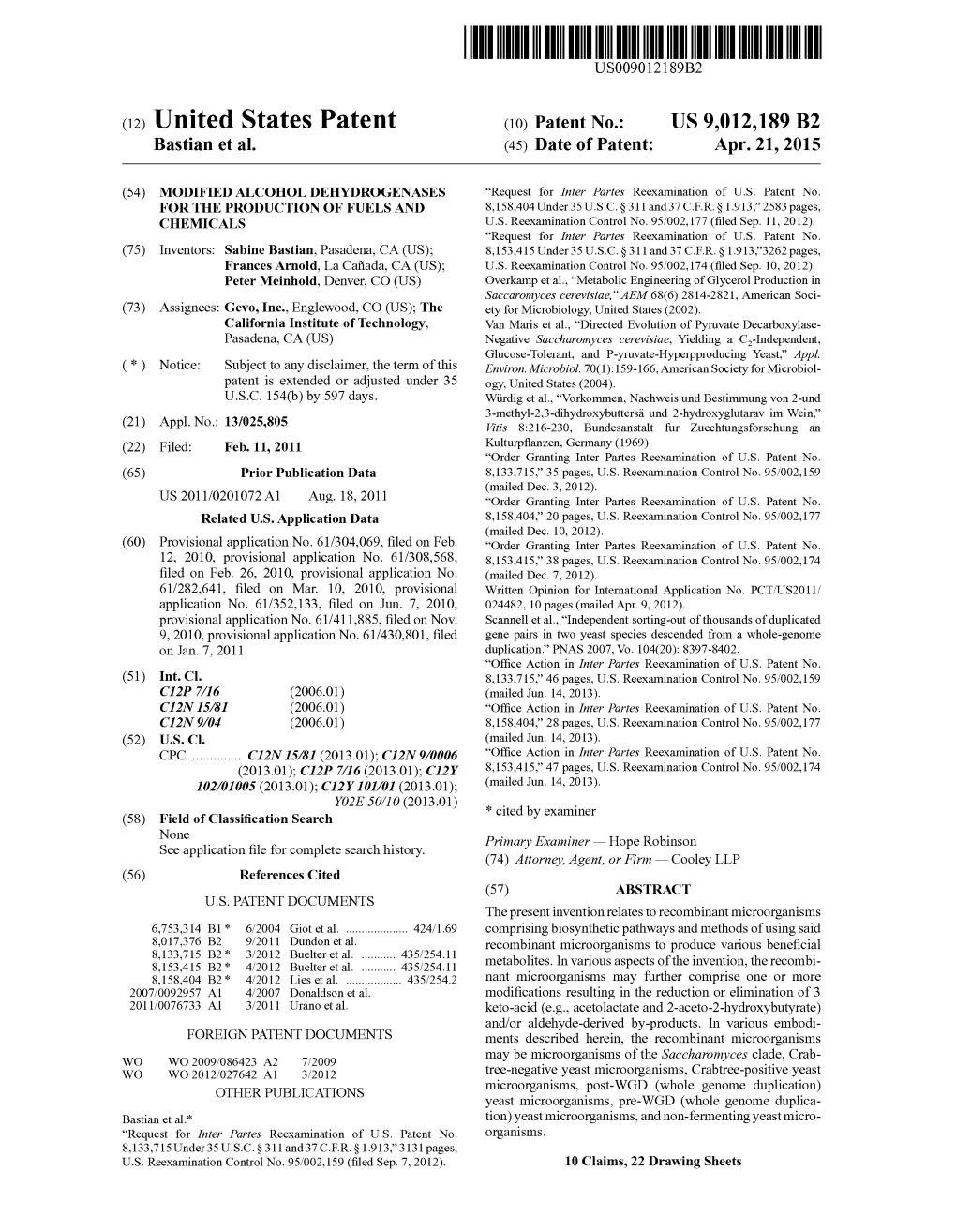 (12) United States Patent (10) Patent No.: US 9,012,189 B2 Bastian Et Al