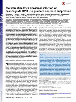 Ataluren Stimulates Ribosomal Selection of Near-Cognate Trnas to Promote Nonsense Suppression