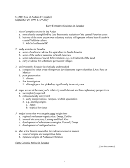 G4210: Rise of Andean Civilization September 29, 1999 T. D'altroy Early Formative Societies in Ecuador 1. Rise of Complex Societ