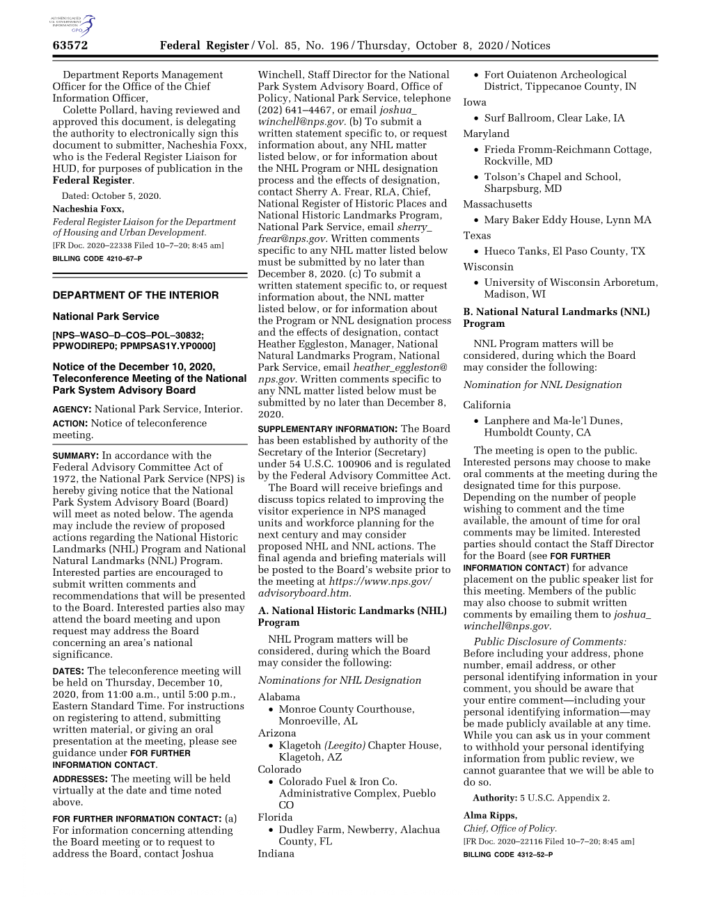 Federal Register/Vol. 85, No. 196/Thursday, October 8, 2020