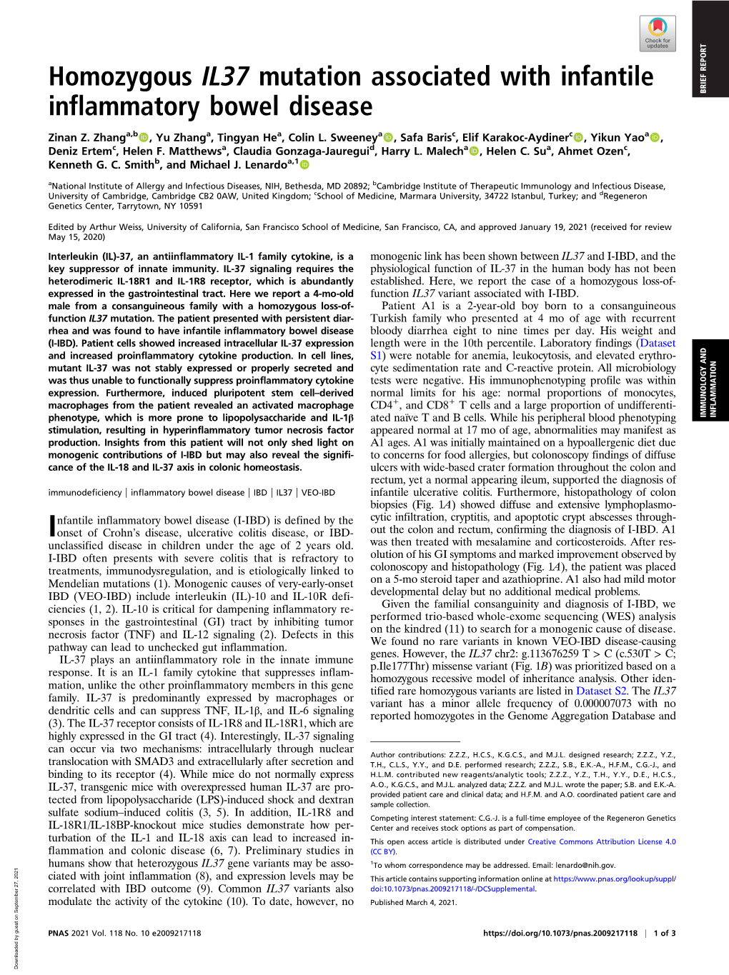 Homozygous IL37 Mutation Associated with Infantile BRIEF REPORT Inflammatory Bowel Disease