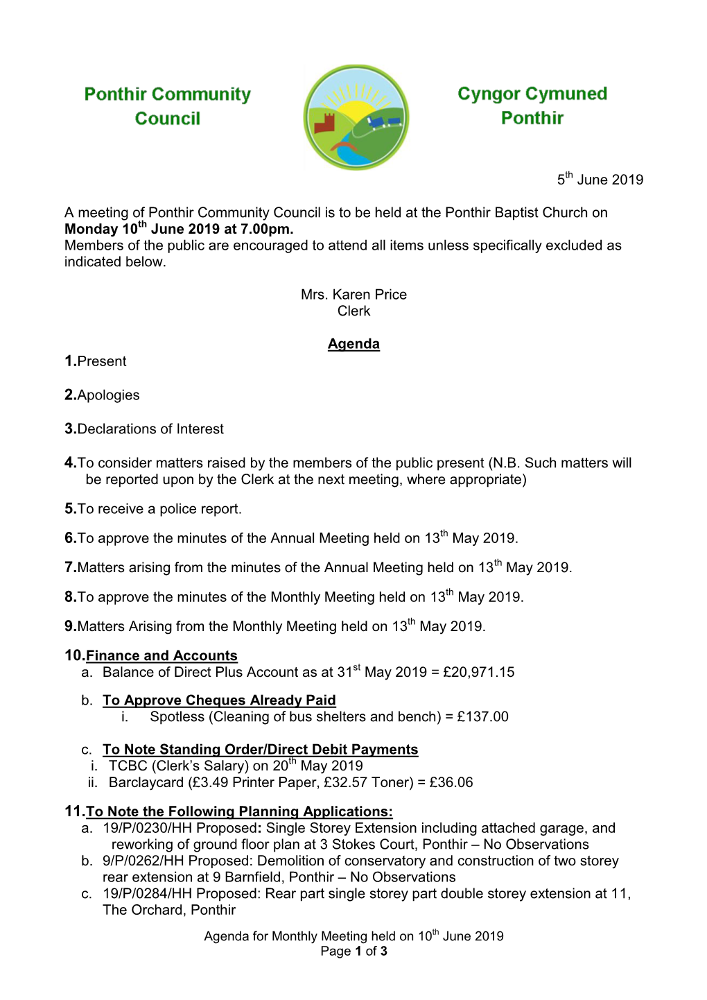 5 June 2019 a Meeting of Ponthir Community Council Is to Be Held At