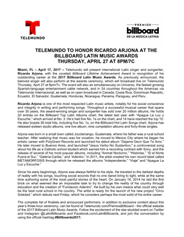 Telemundo to Honor Ricardo Arjona at the Billboard Latin Music Awards Thursday, April 27 at 8Pm/7C