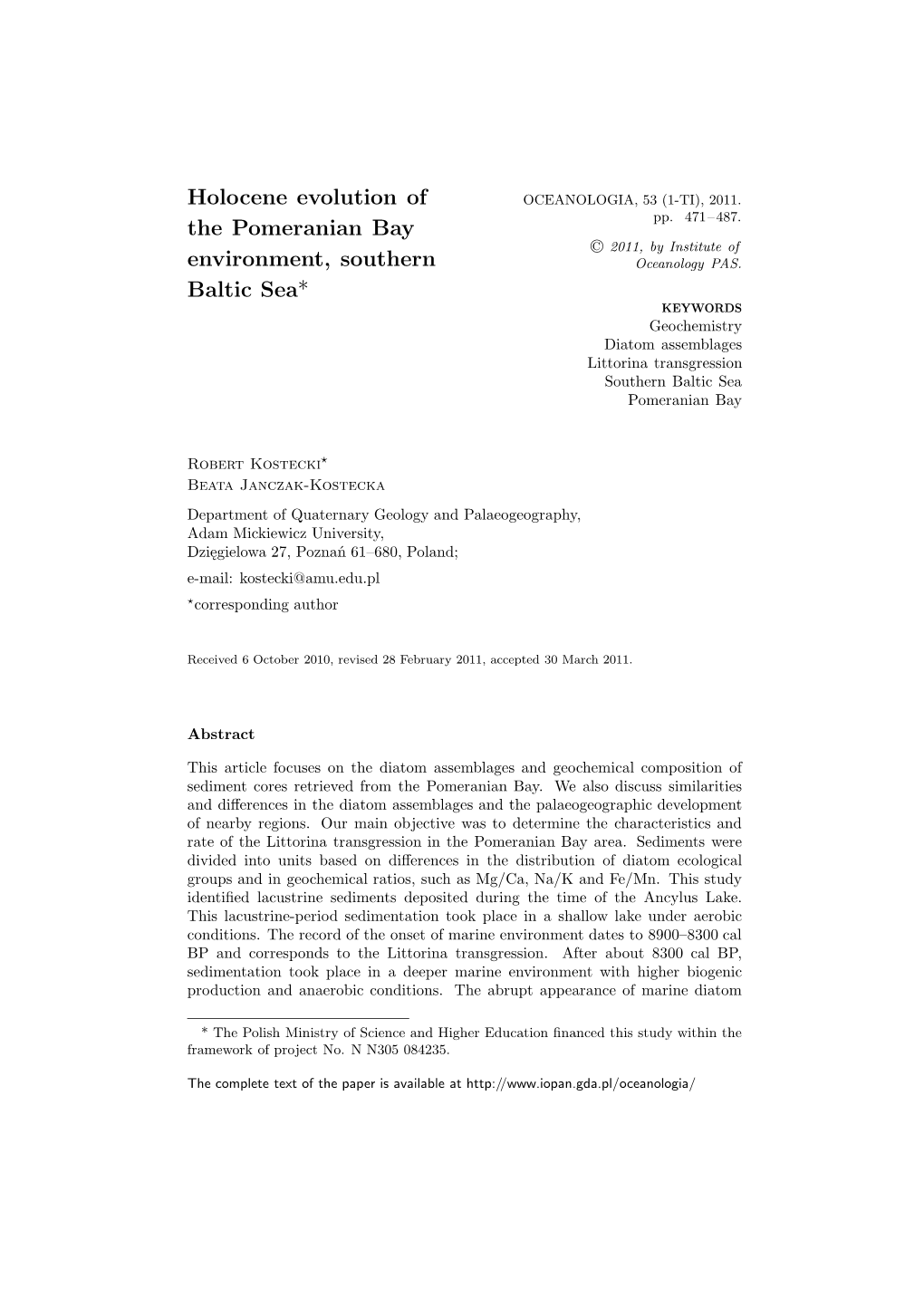 Holocene Evolution of the Pomeranian Bay Environment