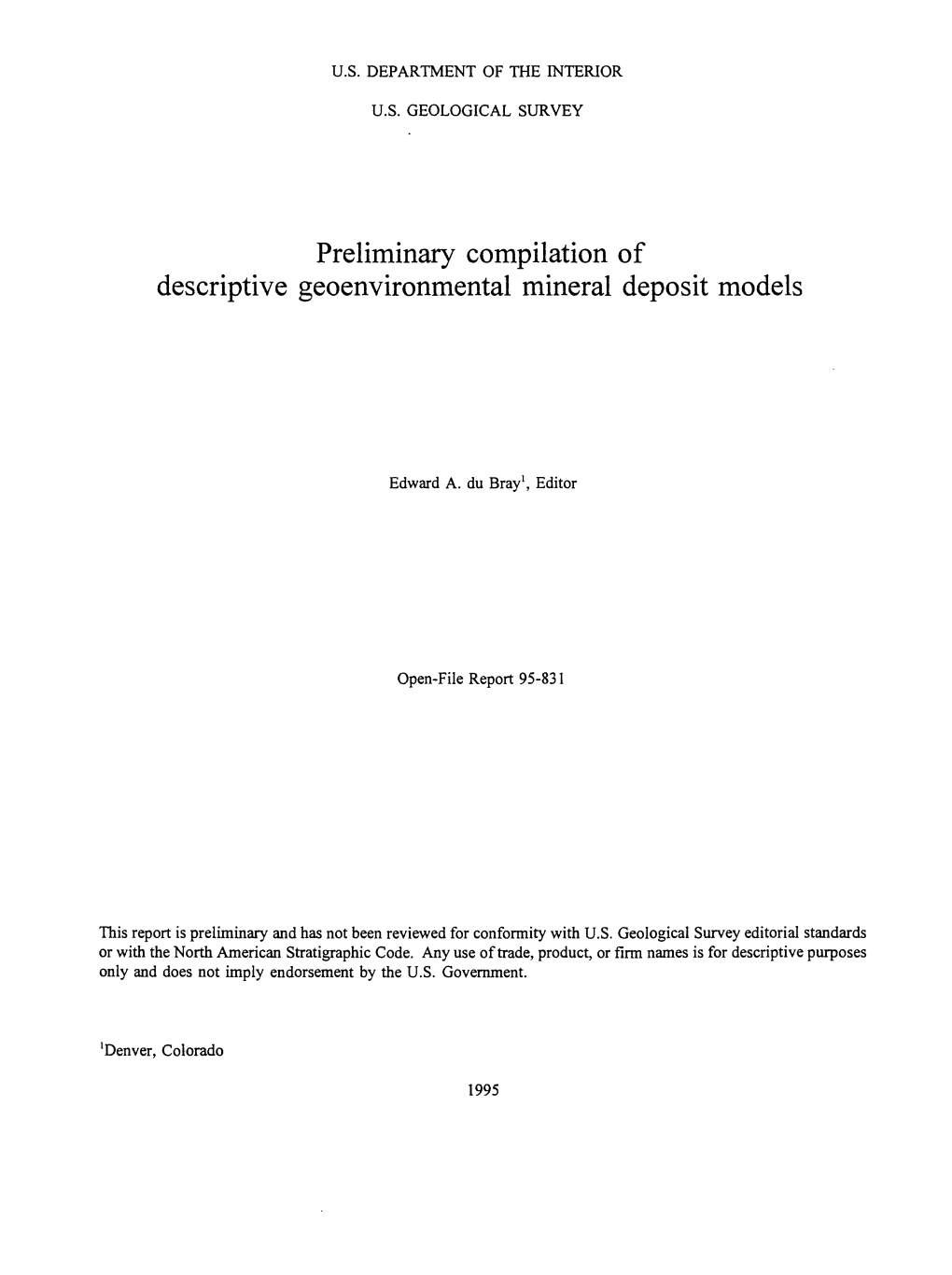 Preliminary Compilation of Descriptive Geoenvironmental Mineral Deposit Models