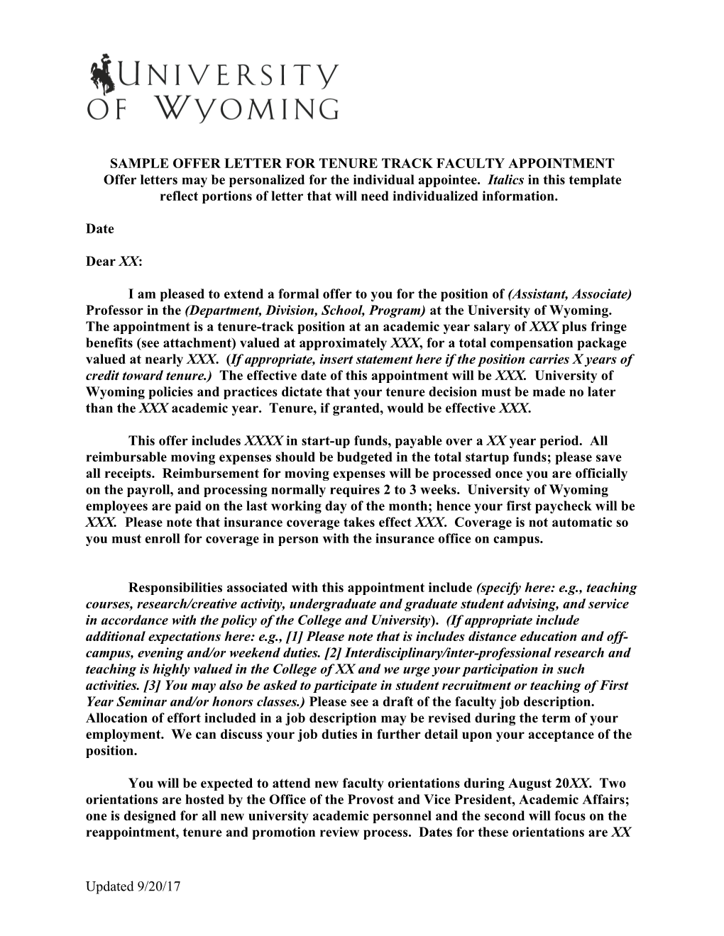 Sample Offer Letter for Tenure Track Faculty Appointment