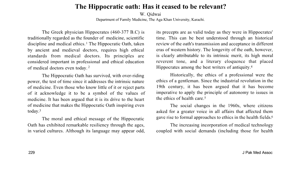 The Hippocratic Oath: Has It Ceased to Be Relevant? W