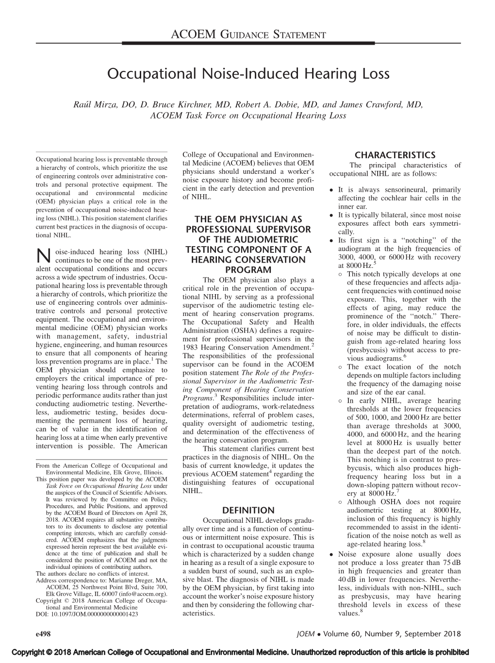 Occupational Noise-Induced Hearing Loss L Mirza, DO, D