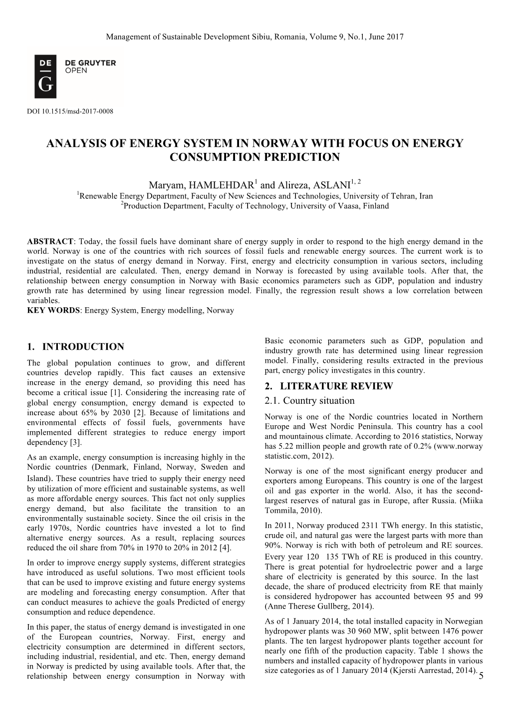 Analysis of Energy System in Norway with Focus on Energy Consumption Prediction