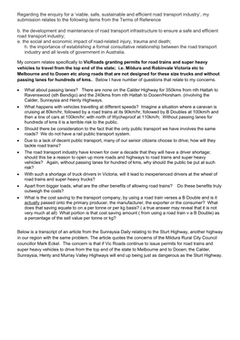 Viable, Safe, Sustainable and Efficient Road Transport Industry’, My Submission Relates to the Following Items from the Terms of Reference B