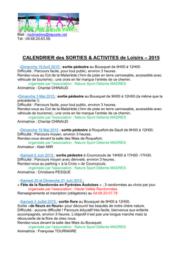 CALENDRIER Des SORTIES & ACTIVITES De Loisirs – 2015