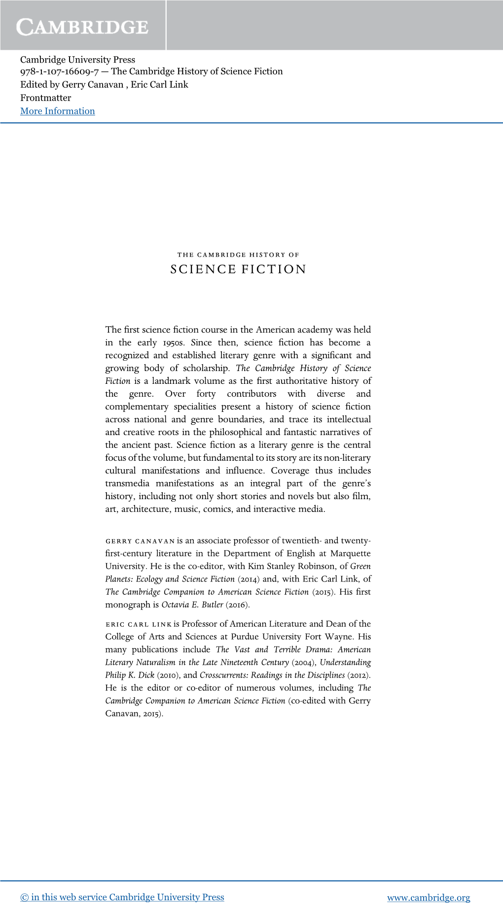 Science Fiction Edited by Gerry Canavan , Eric Carl Link Frontmatter More Information