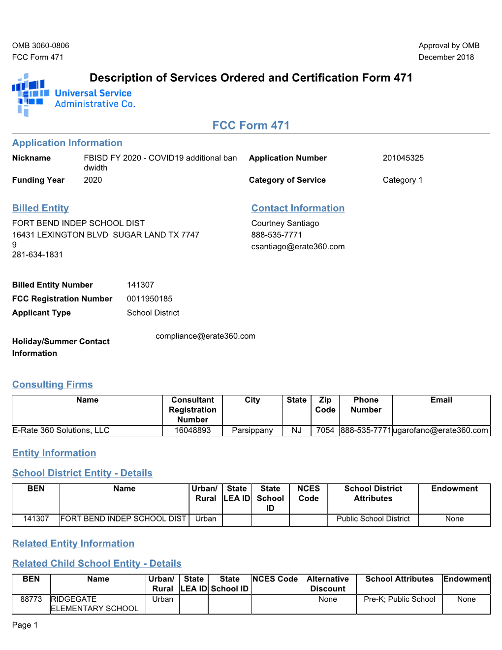 Description of Services Ordered and Certification Form 471 FCC Form