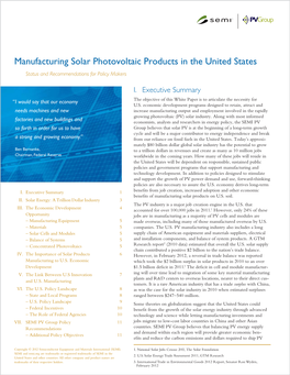 Manufacturing Solar Photovoltaic Products in the United States Status and Recommendations for Policy Makers