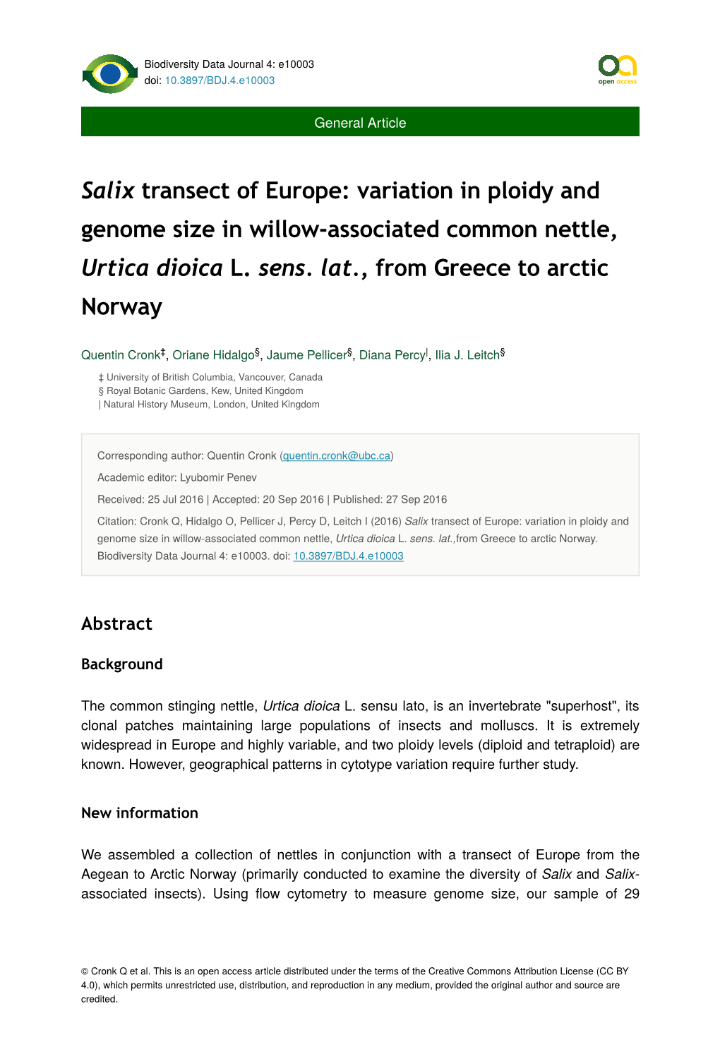 Variation in Ploidy and Genome Size in Willow-Associated Common Nettle, Urtica Dioica L