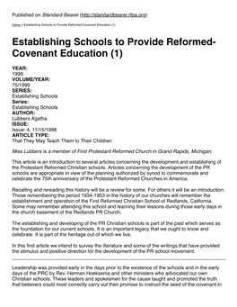 Establishing Schools to Provide Reformed-Covenant Education (1)