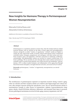New Insights for Hormone Therapy in Perimenopausal Women Neuroprotection