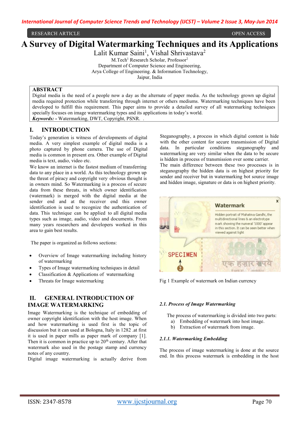 A Survey of Digital Watermarking Techniques and Its Applications