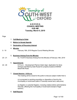 COUNCIL MEETING 9:00 AM Tuesday, March 5, 2019