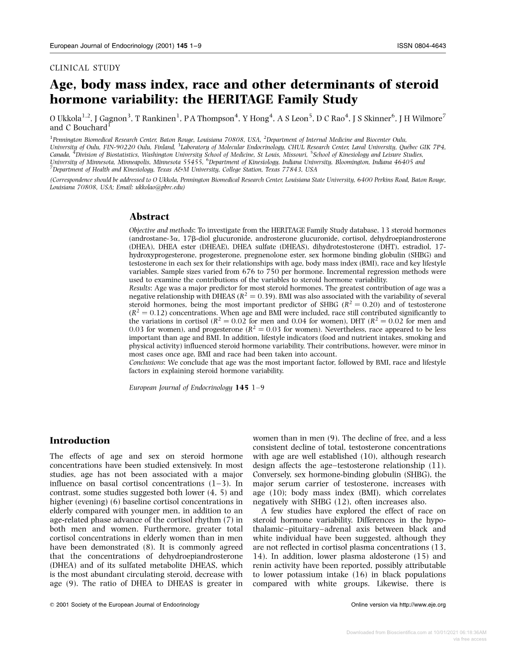 Age, Body Mass Index, Race and Other Determinants of Steroid Hormone