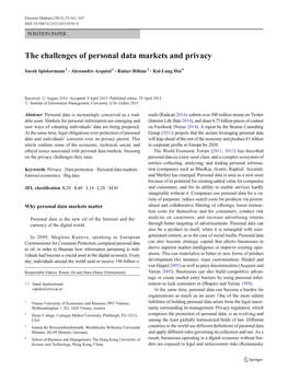The Challenges of Personal Data Markets and Privacy