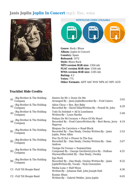 Janis Joplin Joplin in Concert Mp3, Flac, Wma