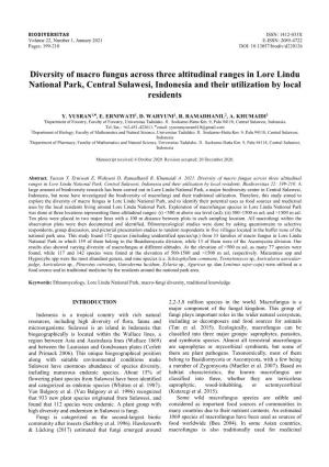 Diversity of Macro Fungus Across Three Altitudinal Ranges in Lore Lindu National Park, Central Sulawesi, Indonesia and Their Utilization by Local Residents