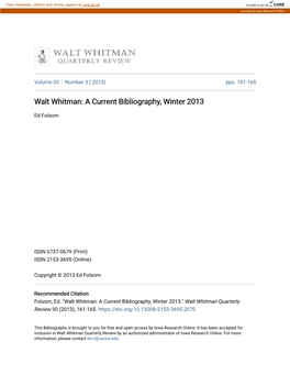 Walt Whitman: a Current Bibliography, Winter 2013