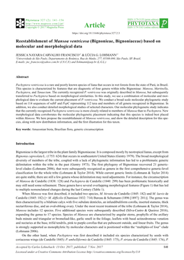 Reestablishment of Mansoa Ventricosa (Bignonieae, Bignoniaceae) Based on Molecular and Morphological Data