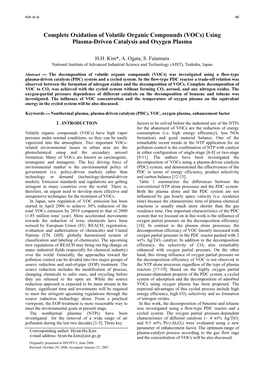 Complete Oxidation of Volatile Organic Compounds (Vocs) Using Plasma-Driven Catalysis and Oxygen Plasma