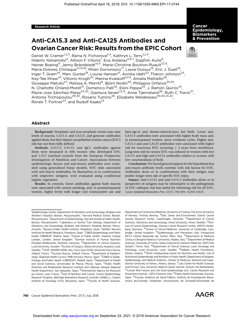 Anti-CA15.3 and Anti-CA125 Antibodies and Ovarian Cancer Risk: Results from the EPIC Cohort