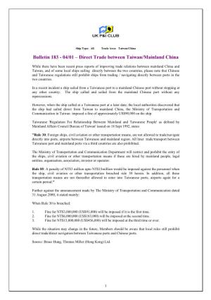 Bulletin 183 - 04/01 – Direct Trade Between Taiwan/Mainland China
