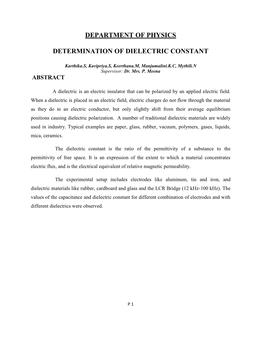Department of Physics Determination of Dielectric