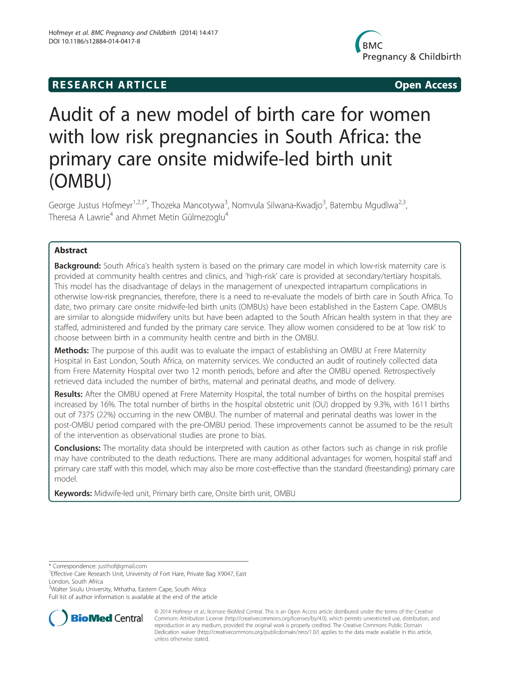 The Primary Care Onsite Midwife-Led Birth Unit (OMBU)