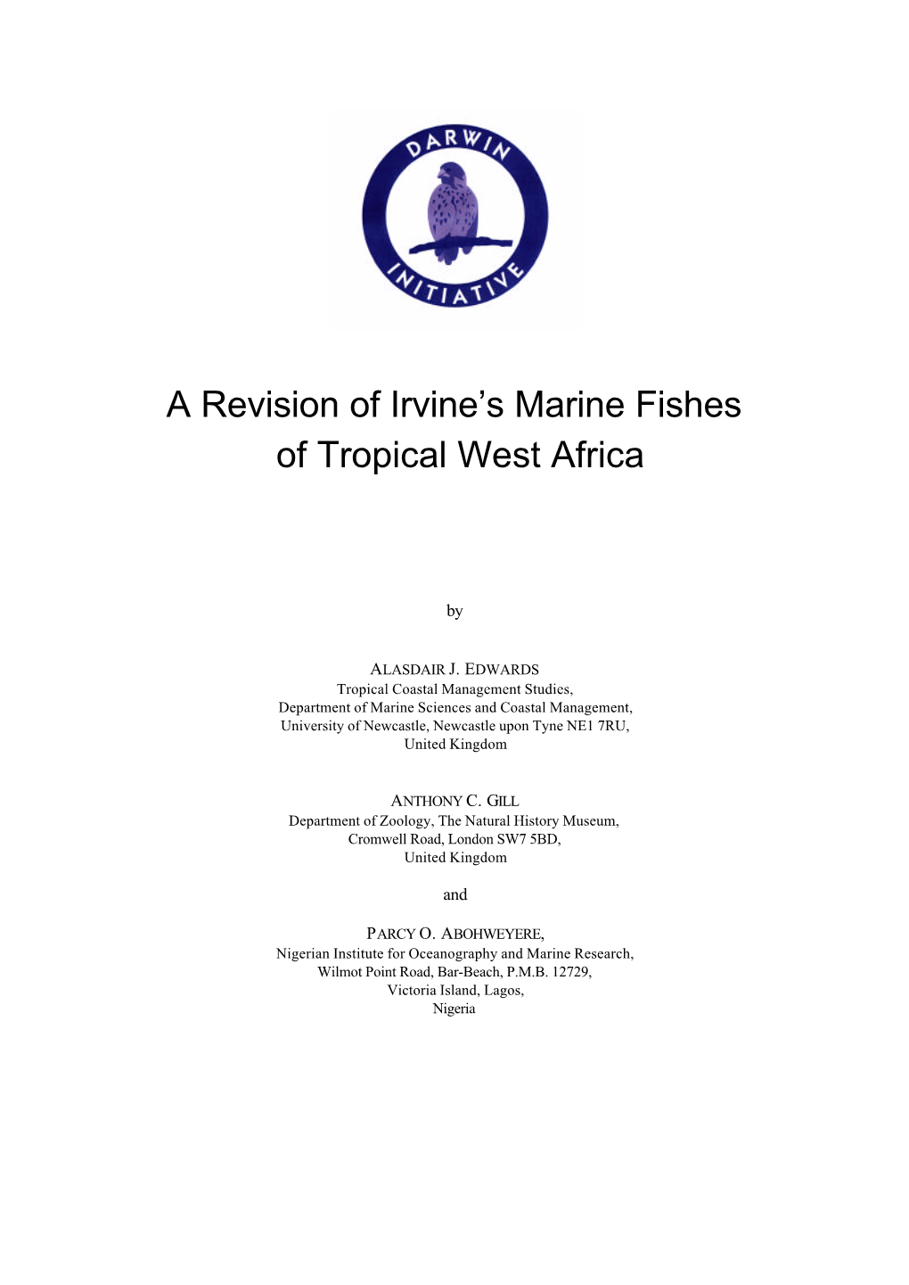 A Revision of Irvine's Marine Fishes of Tropical West Africa