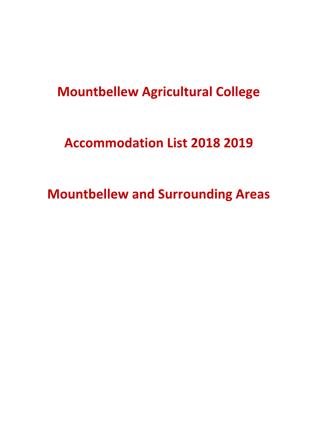 Mountbellew Agricultural College Accommodation List 2018 2019