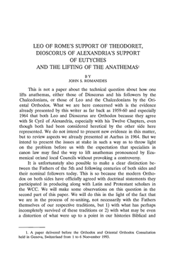Leo of Support of Theodoret, Dioscorus of Alexandria's Support of Eutyches and Lifting of Anathemasi