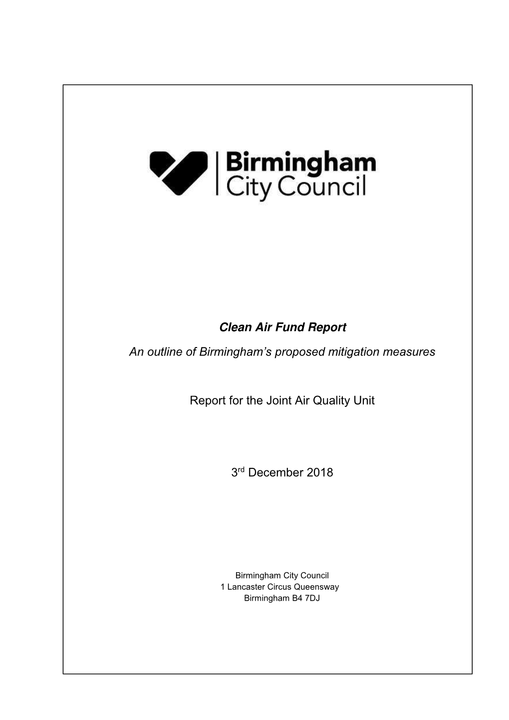 Clean Air Fund Report an Outline of Birmingham's Proposed Mitigation