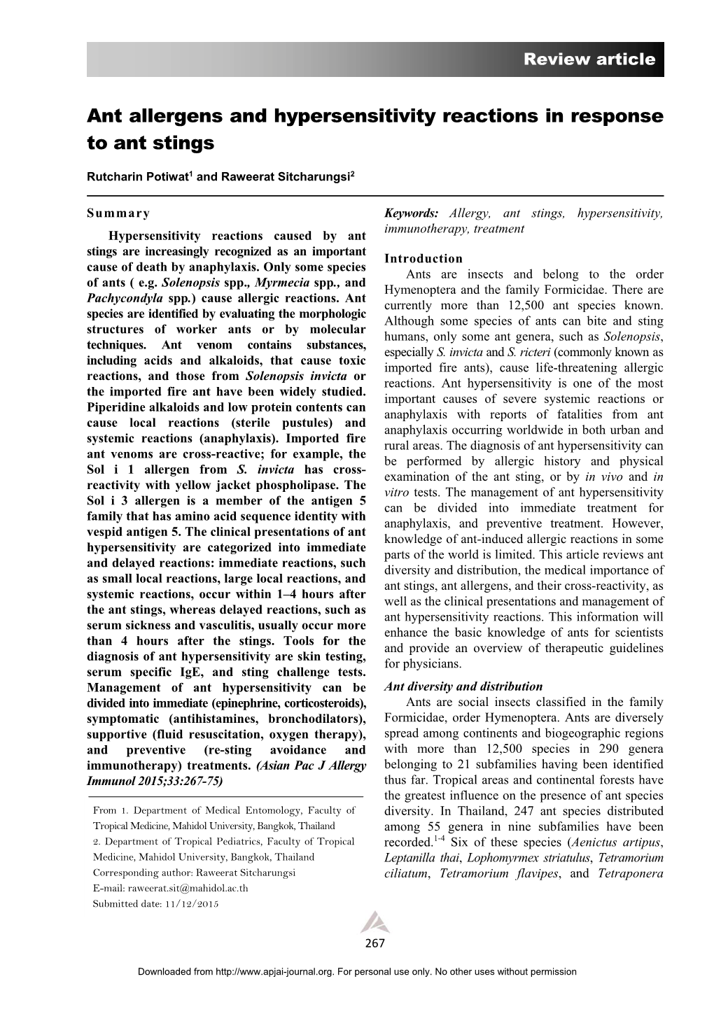 Ant Allergens and Hypersensitivity Reactions in Response to Ant Stings